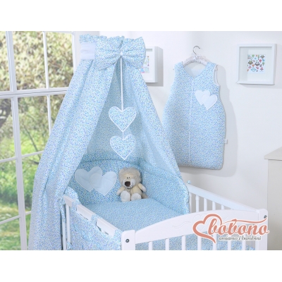 Baby Bettset  5-tlg mit Himmel - Hängende Herzen blaue Blümchen