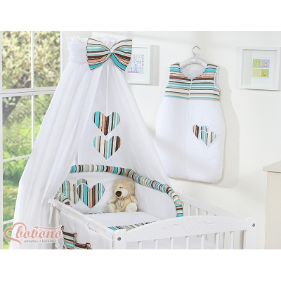 Babybettwäsche Set 5-tlg mit Himmel - Hängende Herzen braun gestreift