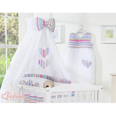 Babybettwäsche Set 5-tlg mit Himmel - Hängende Herzen lila gestreift