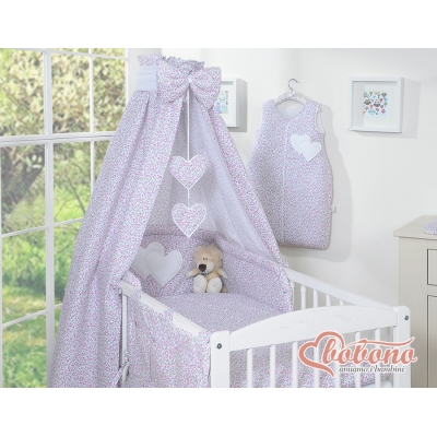 Babybettwäsche Set 5-tlg mit Himmel - Hängende Herzen rosa Blümchen