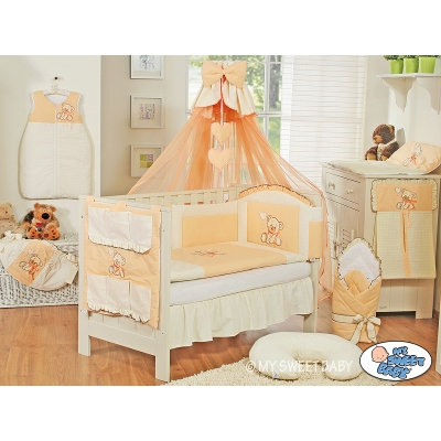 Babybettwäsche Set 5-tlg mit Mositonetz - Bär mit Schleife pfirsich