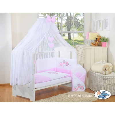 Babybettwäsche Set 5-tlg mit Moskitonetz - Eulen Bigi Zibi & Adele rosa