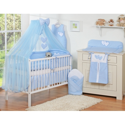 Babybettwäsche-Set Blau 5-tlg mit Moskitonetz - Hängende Herzen