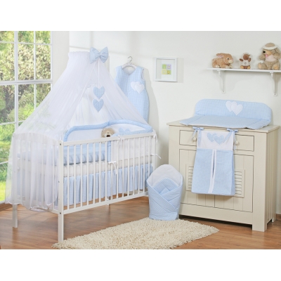 Babybettwäsche-Set 5-tlg mit Moskitonetz - Hängende Herzen blau kariert