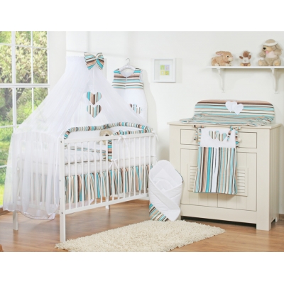 Babybettwäsche-Set 5-tlg mit Moskitonetz - Hängende Herzen braun gestreift