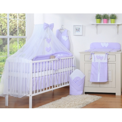 Babybettwäsche-Set 5-tlg mit Moskitonetz - Hängende Herzen Lila-Punkmuster