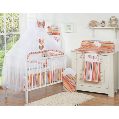 Babybettwäsche Set 5-tlg mit Moskitonetz - Hängende Herzen orange gestreift