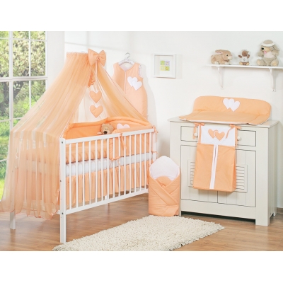 Babybettwäsche-Set 5-tlg mit Moskitonetz - Hängende Herzen pfirsich