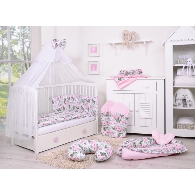 Babybettwäsche Set 5-tlg mit Moskitonetz - rosa Blumen-Muster