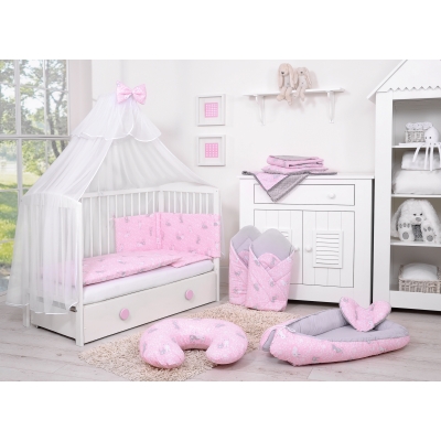 Babybettwäsche Set 5-tlg mit Moskitonetz - rosa Hasen