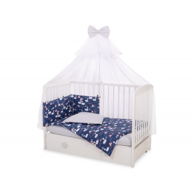 Babybettwäsche Set 5-tlg mit Moskitonetz - Schwäne dunkelblau