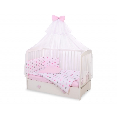 Babybettwäsche Set 5-tlg mit Moskitonetz - Sternen rosa - grau/ rosa