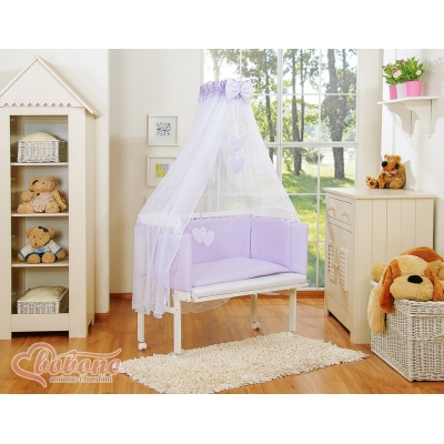 Beistellbett mit Matratze und Bettwäsche Set - Hängende Herzen lila