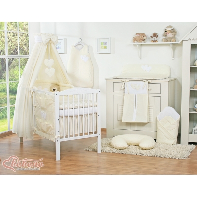 Bettwäsche Babybett Set 11-tlg mit Himmel - Hängende Herzen creme