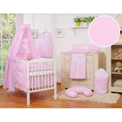 Babybettset 11-tlg mit Betthimmel - Hängende Herzen rosa gestreift