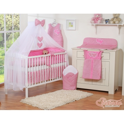 Babybettwäsche Set 11-tlg mit Himmel Babybett - Hängende Herzen dunkel rosa kariert