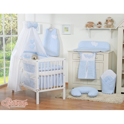 Baby Bettset 100x135 cm 11-tlg mit Himmel für Babybett - Hängende Herzen blau kariert
