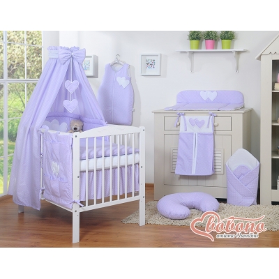 Komplett Babybettwäsche Set 11-tlg mit Himmel für Babybett - Hängende Herzen Lila-Punktemuster