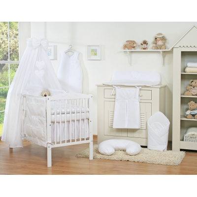 Bettwäsche Set 11-tlg mit Himmel für Babybett - Hängende Herzen weiß