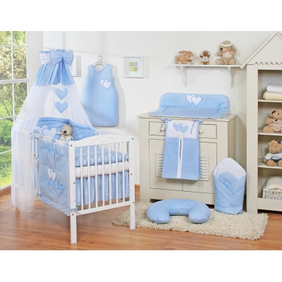Bettset Babybett 11-tlg mit Himmel - Hängende Herzen blau