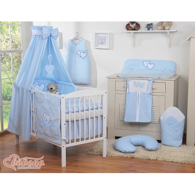 Blau Babybettwäsche Set 140x70 Gitterbett 11-tlg mit Himmel - Hängende Herzen