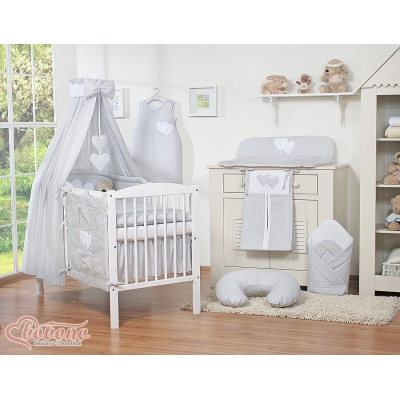 Baby Bettwäsche Set 11-tlg mit Himmel Himmelstange - Hängende Herzen grau