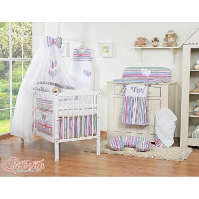 Babybettwäsche Set 11-tlg mit Himmel - Hängende Herzen lila gestreift 100x135 cm