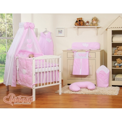 Babybettwäsche Set 100x135cm 11-tlg mit Himmel - Hängende Herzen Rosa-Punktemuster