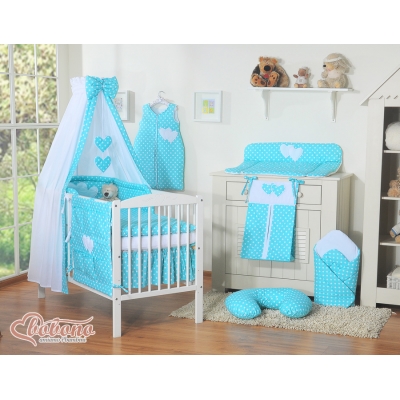Baby-Bettwäsche-Set 11-tlg mit Himmel - Hängende Herzen Türkis-Punktemuster