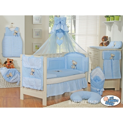 Baby Bettwäsche Set 11-tlg mit Mositonetz - Bär mit Schleife bleu