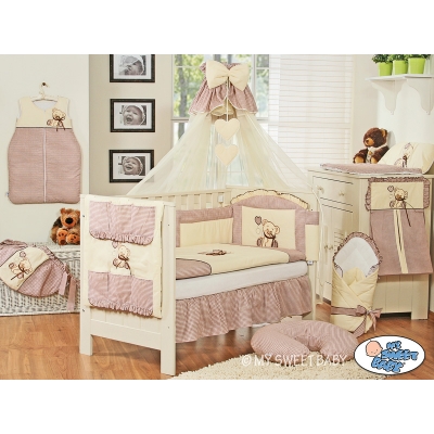 Bettwäscheset 11-tlg Mositonetz mit Stange für Babybett 60x120cm - Bär mit Schleife braun