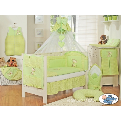 Babybett Bettwäsche Set 11-tlg mit Mositonetz - Bär mit Schleife grün