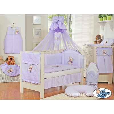 Baby Bettwäsche Set 11-tlg mit Mositonetz mit Himmelstange - Bär mit Schleife lila