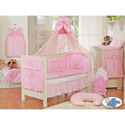 Bettset 11-tlg Bettwäsche Set mit Mositonetz für Babybett 120x60 - Bär mit Schleife rosa