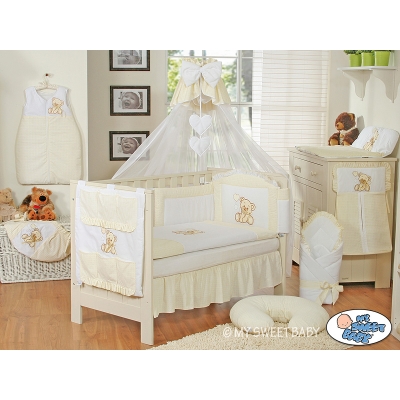 Baby Bettset Bettwäsche Set 11-tlg mit Mositonetz - Bär mit Schleife weiß