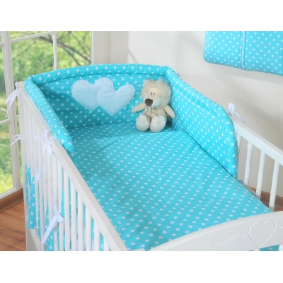 Bettwäsche Set 2-tlg für Kinderbett 60x120cm und 70x140cm - Hängende Herzen Türkis-Punktemuster