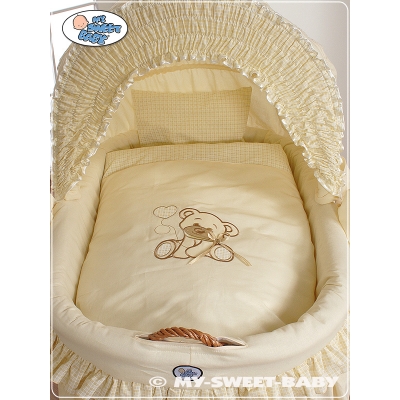 Bettwäsche für Stubenwagen Set 2-tlg mit Stickerei Bär mit Schleife Beige