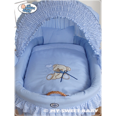 Blau Bettwäsche Set 2-tlg für Stubenwagen Stickerei Bär mit Schleife