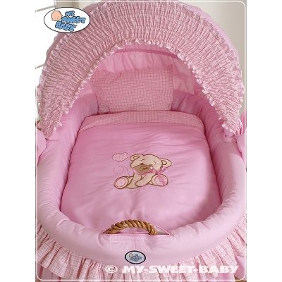 Rosa Bettwäsche für Stubenwagen Set 2-tlg mit Stickerei Bär mit Schleife