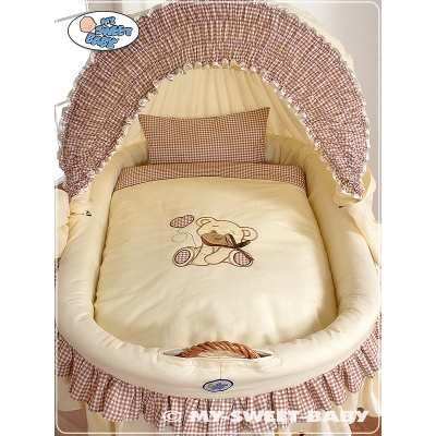 Bettwäsche Set 2-tlg für Stubenwagen mit Stickerei Bär mit Schleife Beige Braun