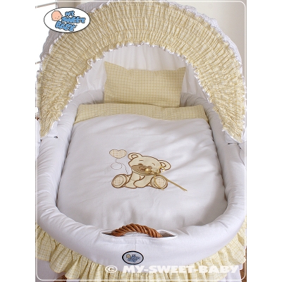 Bettwäsche für Stubenwagen Set 2-tlg  mit Stickerei Bär mit Schleife Weiß-Beige