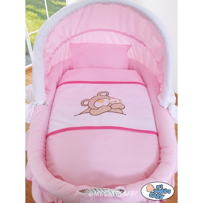 Bettwäsche für Bollerwagen Set 2-tlg Rosa mit Stickerei Bär