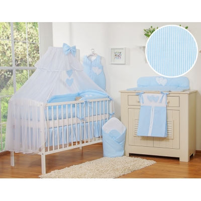 Bettwäsche-Set 5-tlg mit Moskitonetz - Hängende Herzen blau gestreift