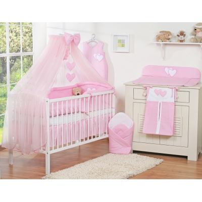 Baby Bettwäsche Rosa 5-tlg mit Moskitonetz - Hängende Herzen