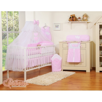 Bettwäsche Set Babybett 11-tlg mit Moskitonetz - Hängende Herzen Rosa-Punktemuster