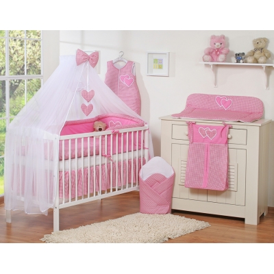 Bettwäsche Set Babybett 7-tlg mit Moskitonetz - Hängende Herzen dunkel rosa kariert