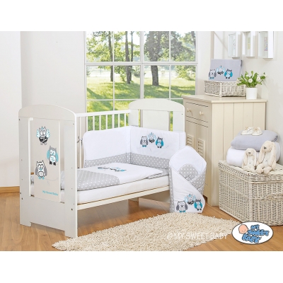 Bettwäsche Set für Babybett 3-tlg - Eulen Bigi Zibi & Adele grau-türkis