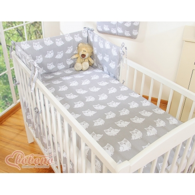 Bettwäsche Set für Babybett 3-tlg - Simple Eulen grau