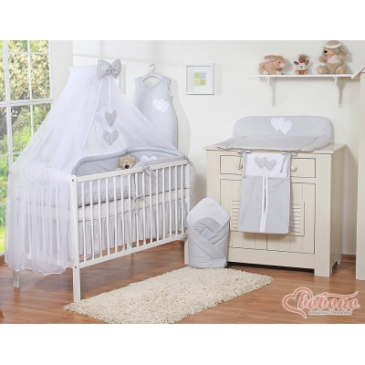 Baby Bettwäsche Set 10 teilig Grau mit Moskitonetz