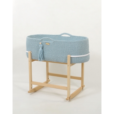 Boho Moseskorb mit Matratze und Schaukelständer - misty blue